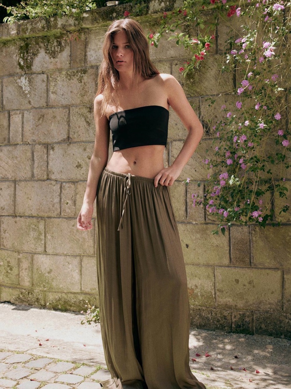 Zara Olive Green Wide-Leg Drawstring Pants